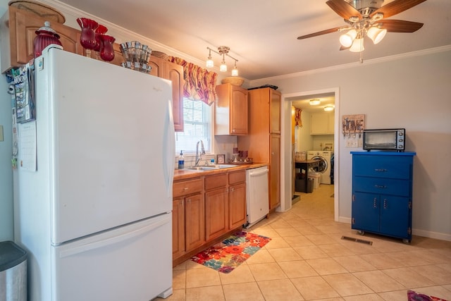 502 Budd St, Saint Joseph, TN 38481 - kitchen with white appliances, crown molding, ceiling fan, light countertops, and light tile patterned floors