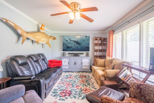 502 Budd St, Saint Joseph, TN 38481 - living area with ceiling fan, ornamental molding, and wood finished floors