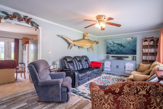 502 Budd St, Saint Joseph, TN 38481 - living area with a ceiling fan, crown molding, and wood finished floors