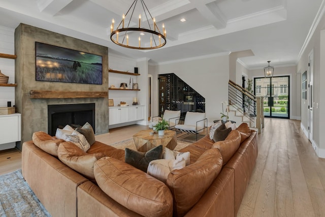 7025 Lanceleaf Dr, College Grove, TN 37046 - living area with a chandelier, stairway, coffered ceiling, light wood finished floors, and beam ceiling