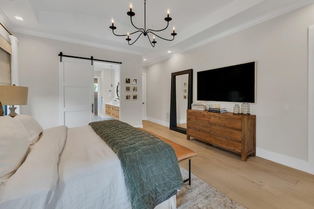 7025 Lanceleaf Dr, College Grove, TN 37046 - bedroom featuring light wood-style flooring, a barn door, recessed lighting, crown molding, and a chandelier