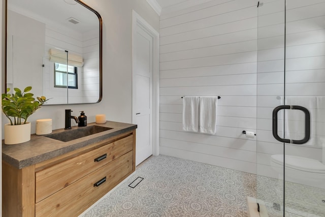 7025 Lanceleaf Dr, College Grove, TN 37046 - full bathroom with vanity, a shower with door, and crown molding