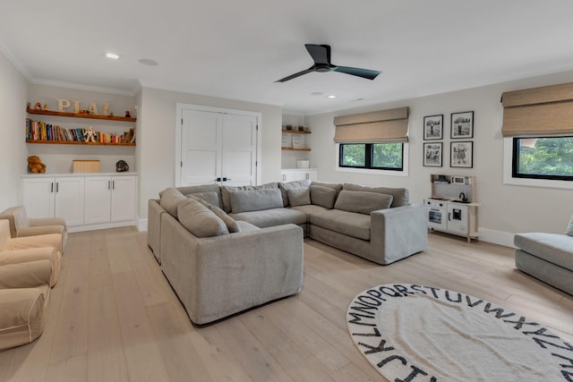 7025 Lanceleaf Dr, College Grove, TN 37046 - living area featuring crown molding, ceiling fan, light wood-style flooring, and recessed lighting