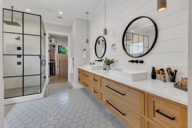 7025 Lanceleaf Dr, College Grove, TN 37046 - bathroom with a stall shower, double vanity, tile patterned flooring, and a walk in closet