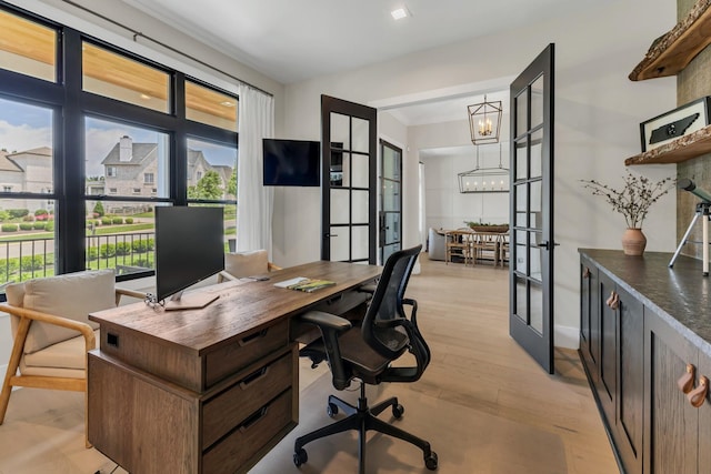 7025 Lanceleaf Dr, College Grove, TN 37046 - office featuring a chandelier, light wood-type flooring, and french doors