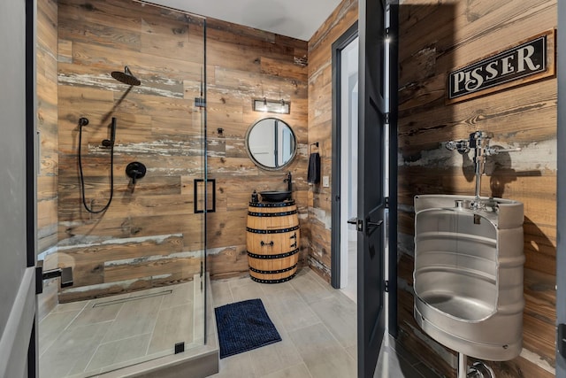 7025 Lanceleaf Dr, College Grove, TN 37046 - bathroom featuring wood walls and a shower stall
