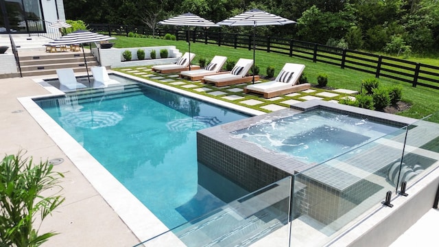 7025 Lanceleaf Dr, College Grove, TN 37046 - view of pool featuring a fenced backyard, a pool with connected hot tub, and a patio