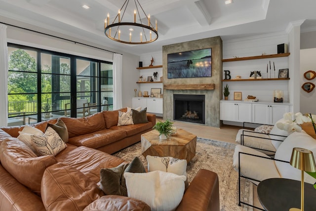 7025 Lanceleaf Dr, College Grove, TN 37046 - living room featuring coffered ceiling, a chandelier, light wood-style flooring, beamed ceiling, and a high end fireplace