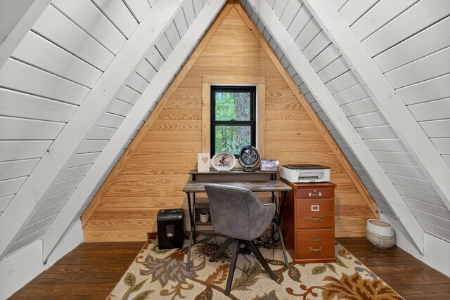 123 Jones Rd, Taft, TN 38488 - office featuring wooden walls, wood-type flooring, and vaulted ceiling