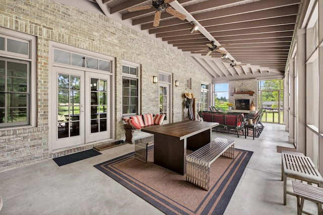 123 Jones Rd, Taft, TN 38488 - view of patio featuring an outdoor living space with a fireplace, ceiling fan, and french doors