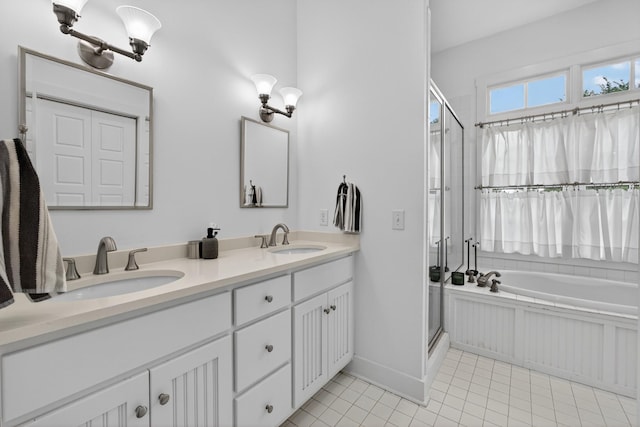 123 Jones Rd, Taft, TN 38488 - full bath with a shower stall, double vanity, a bath, and tile patterned floors