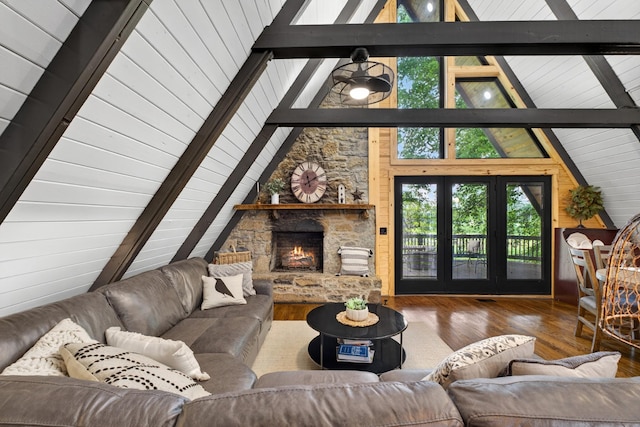 123 Jones Rd, Taft, TN 38488 - living room featuring hardwood / wood-style floors, a fireplace, and wooden ceiling