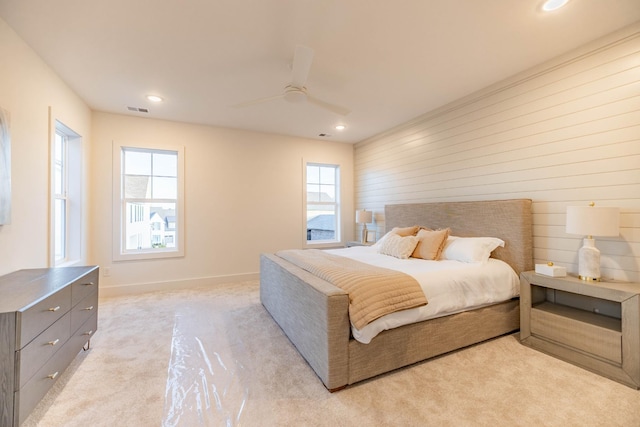 4076 Penfield Dr Unit A, Franklin, TN 37069 - bedroom featuring light colored carpet, recessed lighting, ceiling fan, and wooden walls