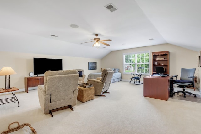 5019 John Hagar Rd, Hermitage, TN 37076 - living room with light carpet, vaulted ceiling, a desk, and a ceiling fan