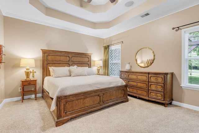 5019 John Hagar Rd, Hermitage, TN 37076 - bedroom with light carpet, a raised ceiling, crown molding, and a ceiling fan
