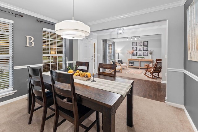 2684 Wind Dance Ct, Spring Hill, TN 37174 - carpeted dining area with crown molding, track lighting, and plenty of natural light