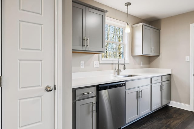 413 Stein St, Oak Grove, KY 42262 - kitchen featuring dishwasher, gray cabinetry, dark wood-style floors, and light countertops