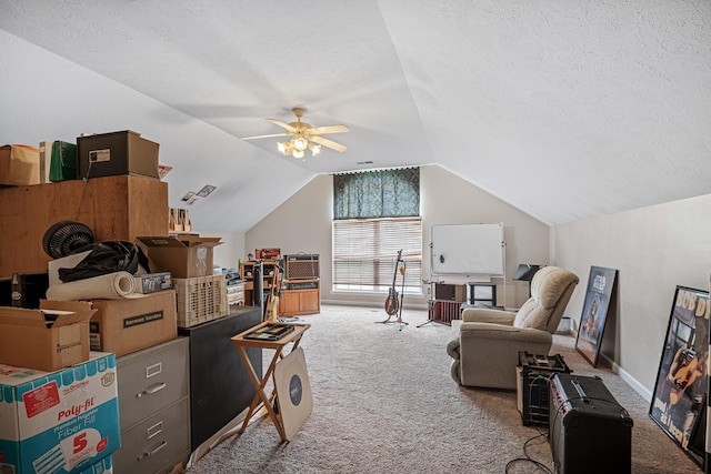 2106 Debbie Ln, La Vergne, TN 37086 - interior space with carpet floors, vaulted ceiling, a ceiling fan, and a textured ceiling