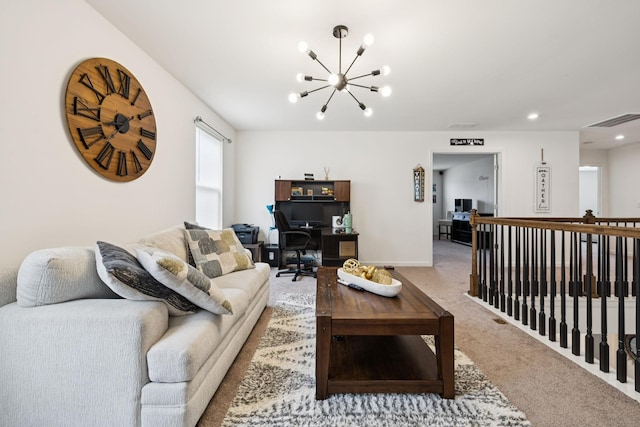 809 Old Blue Ln, Murfreesboro, TN 37130 - carpeted living room featuring a chandelier, a desk, and recessed lighting
