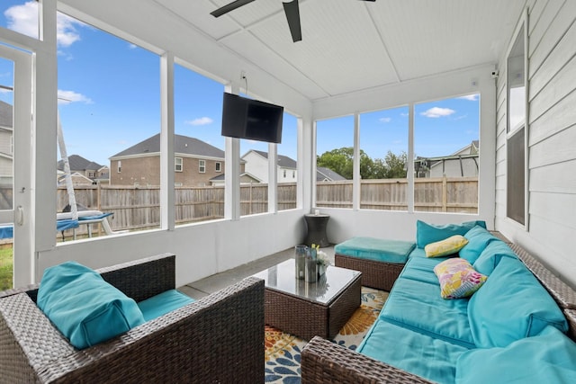 809 Old Blue Ln, Murfreesboro, TN 37130 - sunroom featuring an outdoor hangout area, a ceiling fan, and a residential view