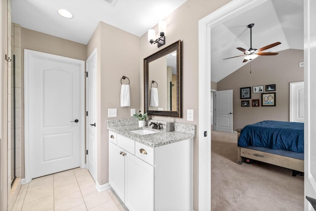 1197 Upland Ter, Clarksville, TN 37043 - ensuite bathroom featuring ceiling fan, vanity, lofted ceiling, tile patterned flooring, and recessed lighting