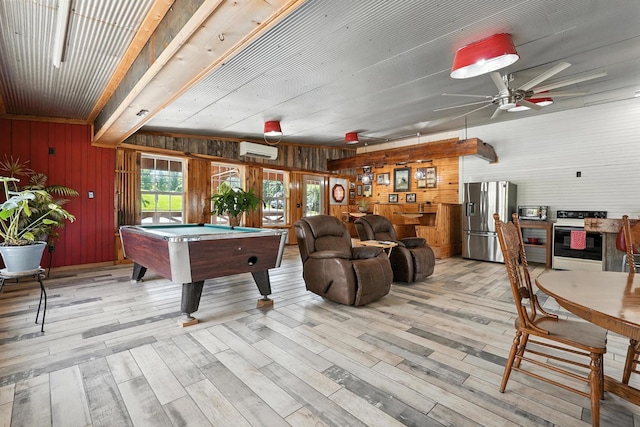1880 Clydeton Rd, Waverly, TN 37185 - recreation room featuring an AC wall unit, wooden walls, a ceiling fan, billiards table, and light wood-style flooring