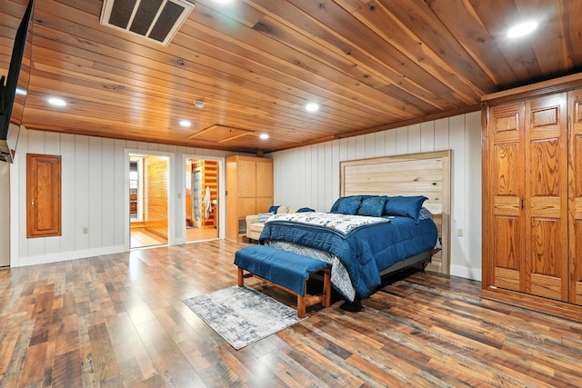 1880 Clydeton Rd, Waverly, TN 37185 - bedroom featuring wood ceiling, hardwood / wood-style floors, wood walls, and recessed lighting