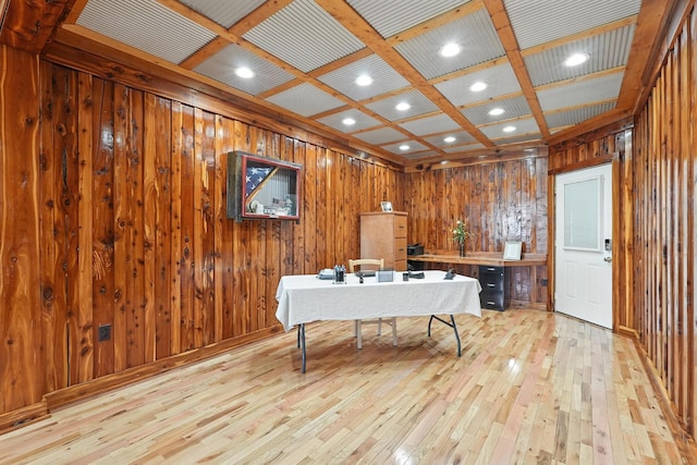 1880 Clydeton Rd, Waverly, TN 37185 - office space with light wood-style flooring, wood walls, beam ceiling, coffered ceiling, and recessed lighting