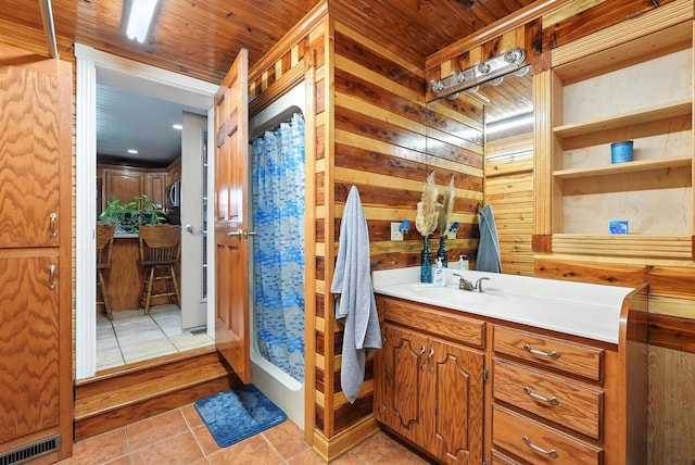 1880 Clydeton Rd, Waverly, TN 37185 - bathroom with tile patterned floors, vanity, wood ceiling, and wood walls