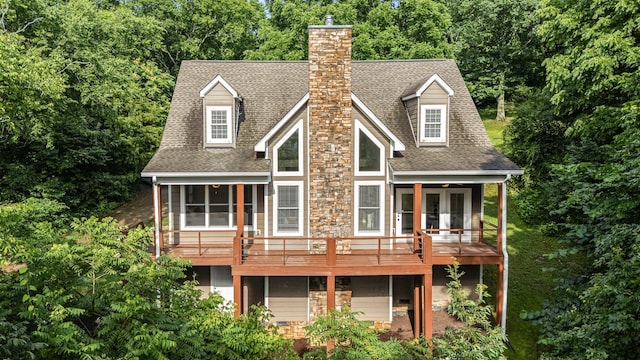 6860 Choctaw Rd, College Grove, TN 37046 - rear view of property with a shingled roof, a chimney, a deck, and french doors