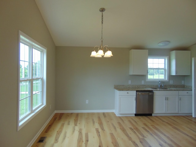 369 Brace Loop, Summertown, TN 38483 - kitchen featuring stainless steel dishwasher, light wood-style flooring, a chandelier, white cabinetry, and vaulted ceiling