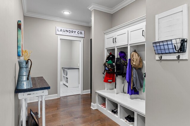 268 Planters Cir, Leoma, TN 38468 - mudroom featuring crown molding and dark wood finished floors