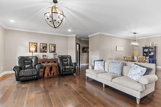 268 Planters Cir, Leoma, TN 38468 - living area with a chandelier, dark wood-style floors, recessed lighting, and crown molding