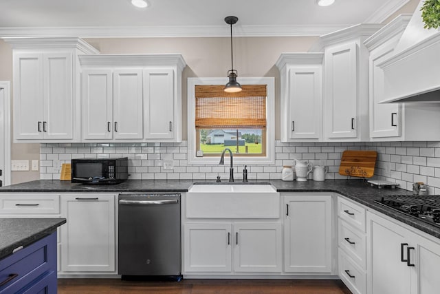268 Planters Cir, Leoma, TN 38468 - kitchen with black appliances, premium range hood, white cabinetry, decorative light fixtures, and ornamental molding