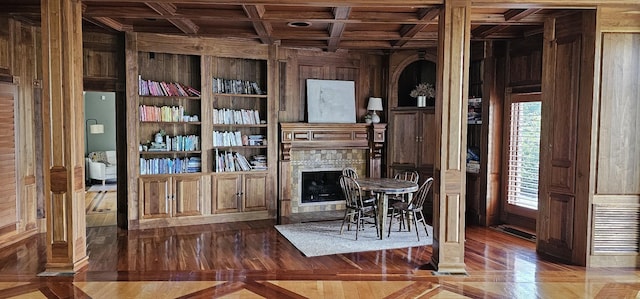 395 Allen Rd, Goodlettsville, TN 37072 - living area featuring wooden walls, a wooden ceiling with exposed beams, coffered ceiling, a fireplace, and wood finished floors