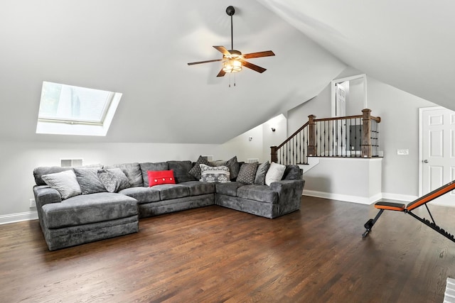 1069 Pleasant Valley Rd, Greenbrier, TN 37073 - living area with wood finished floors, a skylight, vaulted ceiling, and ceiling fan