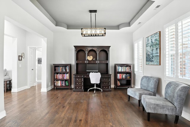 1069 Pleasant Valley Rd, Greenbrier, TN 37073 - office area featuring dark wood finished floors, healthy amount of natural light, and a tray ceiling