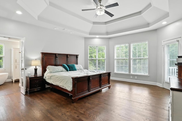 1069 Pleasant Valley Rd, Greenbrier, TN 37073 - bedroom featuring a raised ceiling, dark wood-style floors, recessed lighting, ensuite bath, and ceiling fan