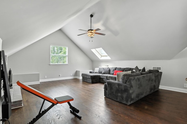 1069 Pleasant Valley Rd, Greenbrier, TN 37073 - living area featuring ceiling fan, lofted ceiling, dark wood-style flooring, and a skylight