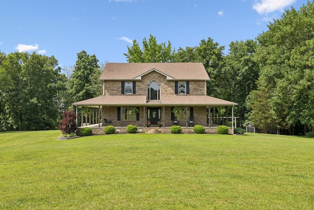 4255 Mcfall Rd, Cumberland City, TN 37050 - farmhouse inspired home featuring covered porch, a front lawn, and brick siding