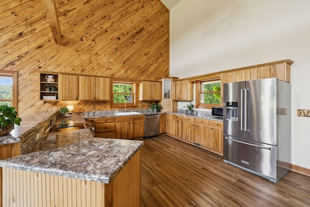 4255 Mcfall Rd, Cumberland City, TN 37050 - kitchen with appliances with stainless steel finishes, a peninsula, dark wood-type flooring, open shelves, and high vaulted ceiling