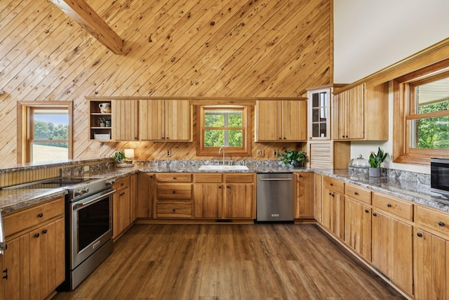 4255 Mcfall Rd, Cumberland City, TN 37050 - kitchen with stainless steel appliances, dark wood-style floors, open shelves, dark stone counters, and vaulted ceiling