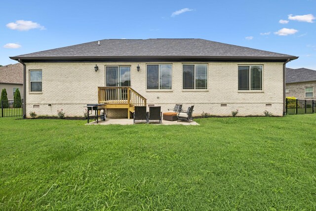 623 Josef Cir, Columbia, TN 38401 - rear view of house featuring crawl space, brick siding, a fenced backyard, a patio, and a shingled roof