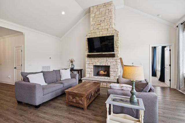 623 Josef Cir, Columbia, TN 38401 - living area featuring a stone fireplace, vaulted ceiling, wood finished floors, and ornamental molding