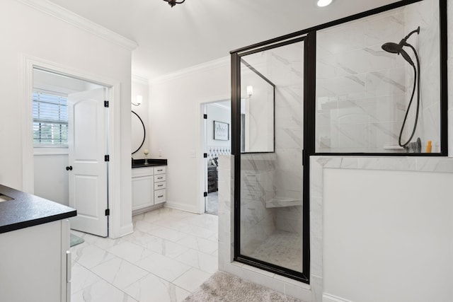 623 Josef Cir, Columbia, TN 38401 - bathroom with vanity, a marble finish shower, crown molding, marble finish flooring, and recessed lighting