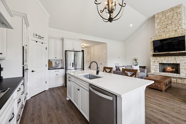 623 Josef Cir, Columbia, TN 38401 - kitchen featuring stainless steel appliances, vaulted ceiling, open floor plan, a stone fireplace, and dark wood finished floors