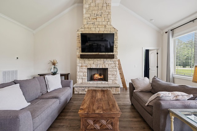 623 Josef Cir, Columbia, TN 38401 - living room featuring vaulted ceiling, dark wood-style floors, a stone fireplace, and ornamental molding