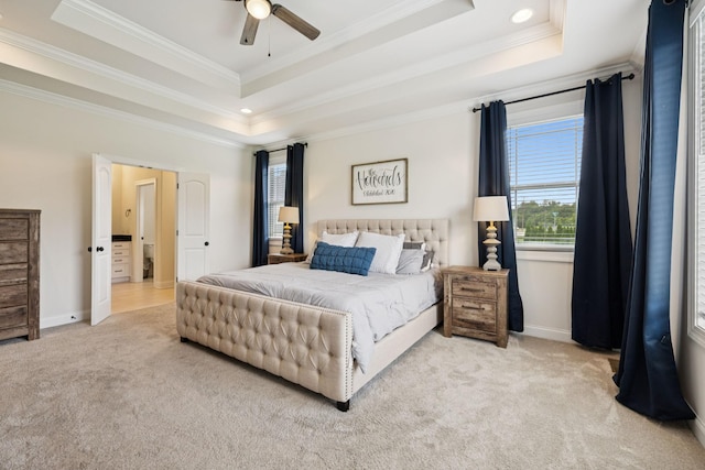 623 Josef Cir, Columbia, TN 38401 - carpeted bedroom featuring a tray ceiling, multiple windows, crown molding, recessed lighting, and ceiling fan