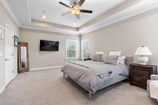 2213 Kirkwall Dr, Nolensville, TN 37135 - bedroom with light carpet, a raised ceiling, recessed lighting, and ceiling fan