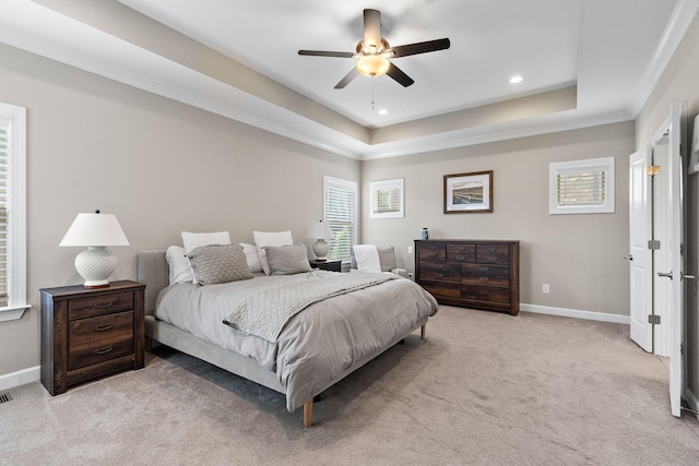2213 Kirkwall Dr, Nolensville, TN 37135 - bedroom with light colored carpet, a raised ceiling, recessed lighting, ceiling fan, and crown molding